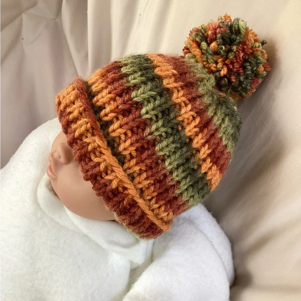 Hat Beanie Hand Crafted Baby Pom Pom Knit Green Rust Orange Knit Fall